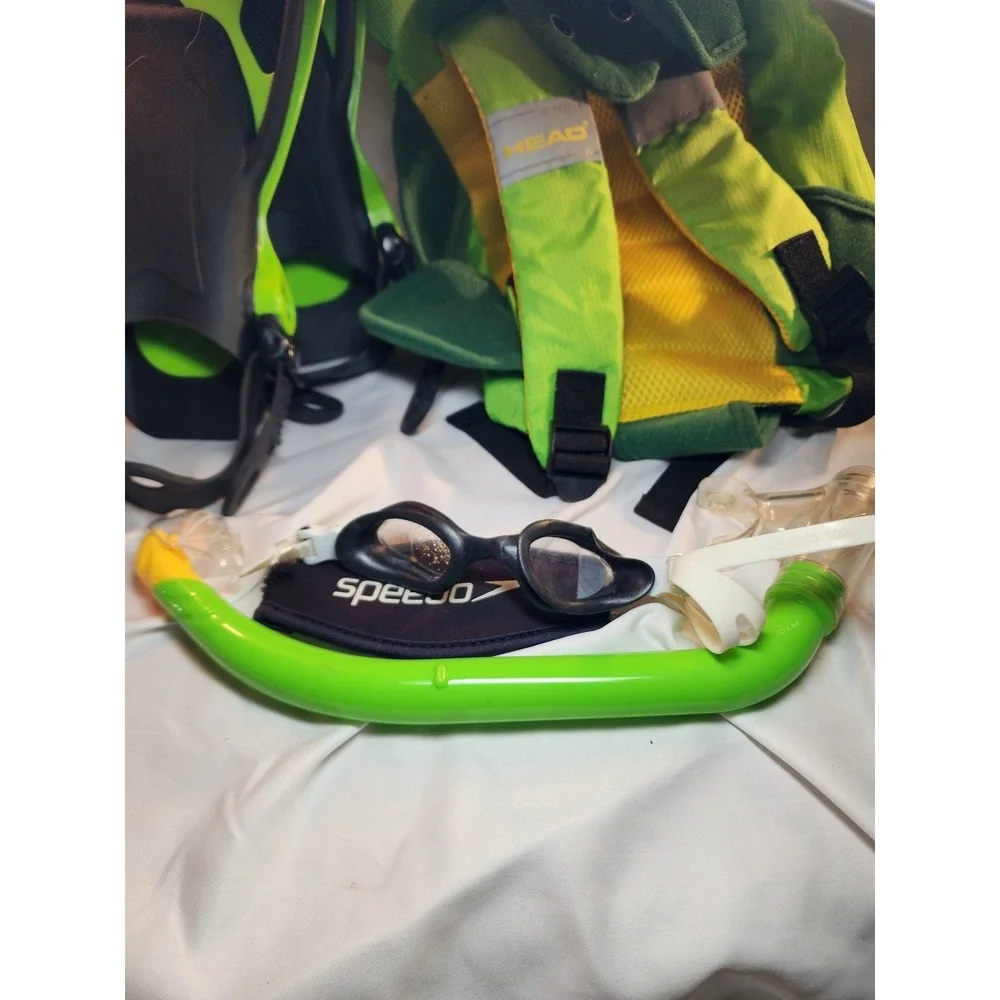 Head Kids Snorkel Set Fins Goggles Mask Turtle Backpack Lime Green Speedo Junior